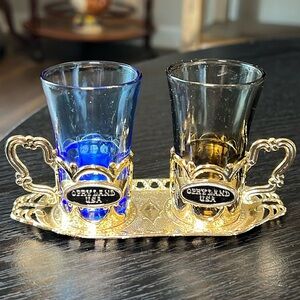 Vintage Opryland Nashville Tennessee gold accent shot glass set with underplate